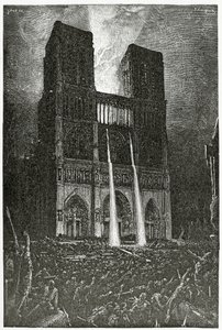 Quasimodo derrama óleo fervente sobre o exército de vilões tentando resgatar Esmeralda - ilustração da Notre Dame de Paris, século XIX (gravura bw)